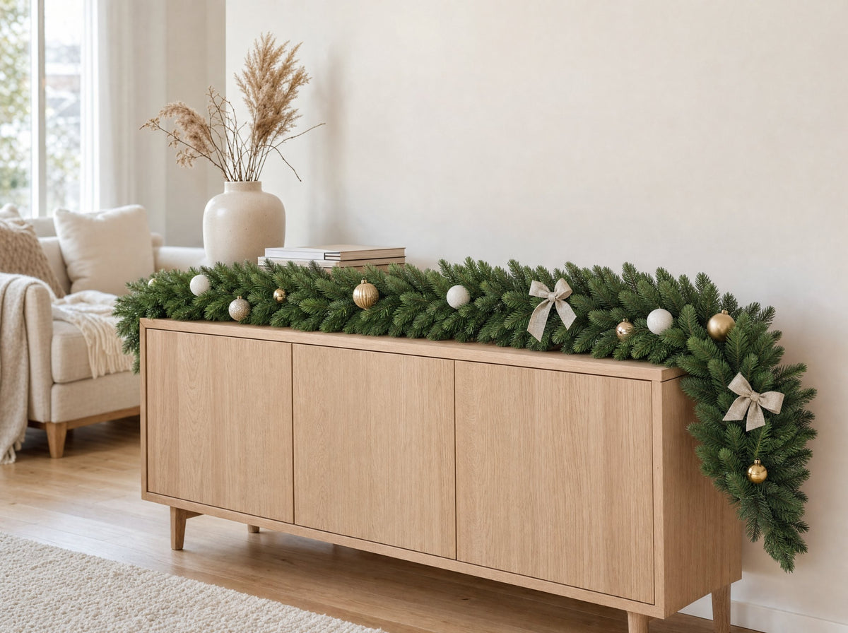 Weihnachtsgirlande aus PE-Nadeln auf einem hellen Sideboard, dezent geschmückt