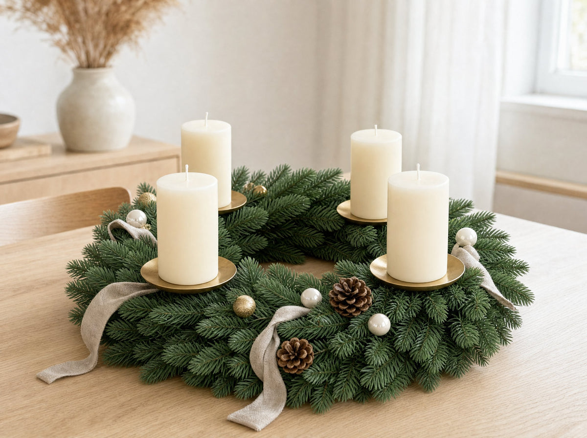 Adventskranz aus PE-Nadeln auf einem hellen Holztisch, vier Kerzen in Messinghaltern mit Tropfteller