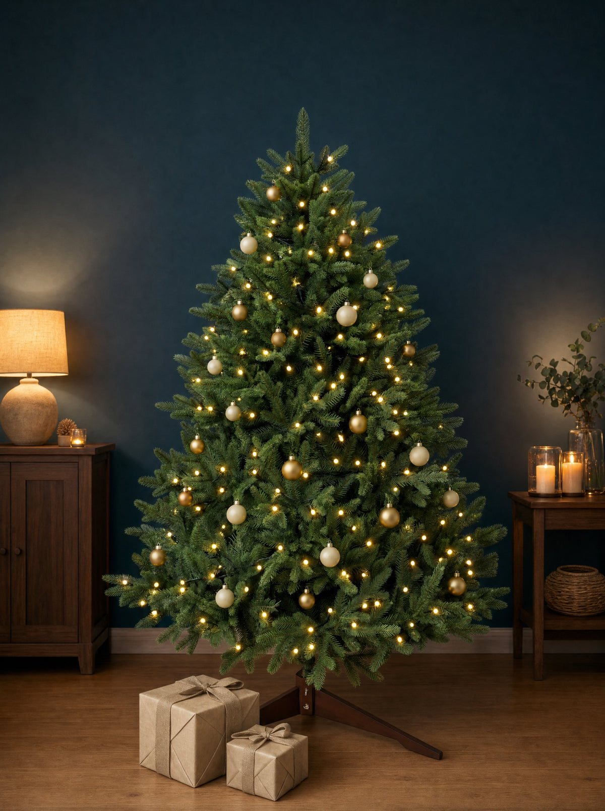 Beleuchteter Weihnachtsbaum aus PE-Spritzguss am Abend vor dunkelgrüner Wand