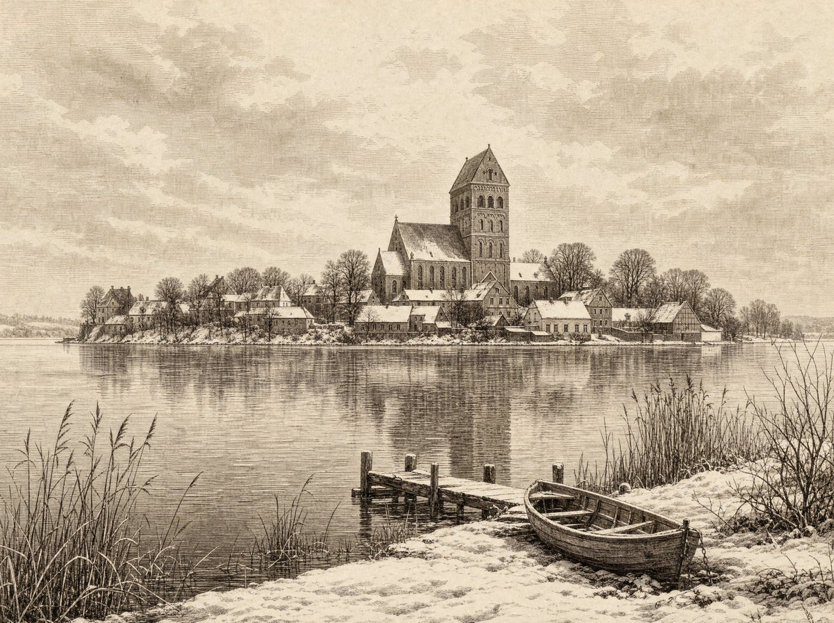 Illustration: Ratzeburg mit dem Dom, vom See aus gesehen
